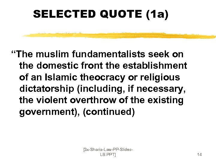 SELECTED QUOTE (1 a) “The muslim fundamentalists seek on the domestic front the establishment