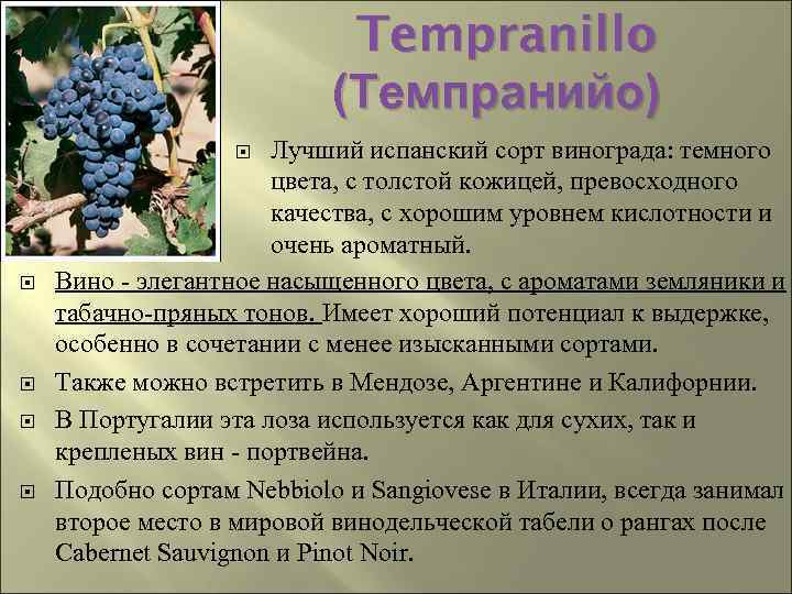 Tempranillo (Темпранийо) Лучший испанский сорт винограда: темного цвета, с толстой кожицей, превосходного качества, с