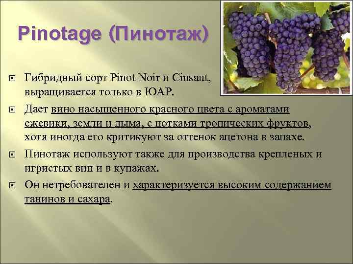 Pinotage (Пинотаж) Гибридный сорт Pinot Noir и Cinsaut, выращивается только в ЮАР. Дает вино