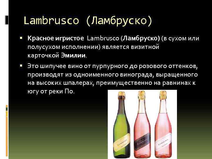 Lambrusco (Ламбруско) Красное игристое Lambrusco (Ламбруско) (в сухом или полусухом исполнении) является визитной карточкой