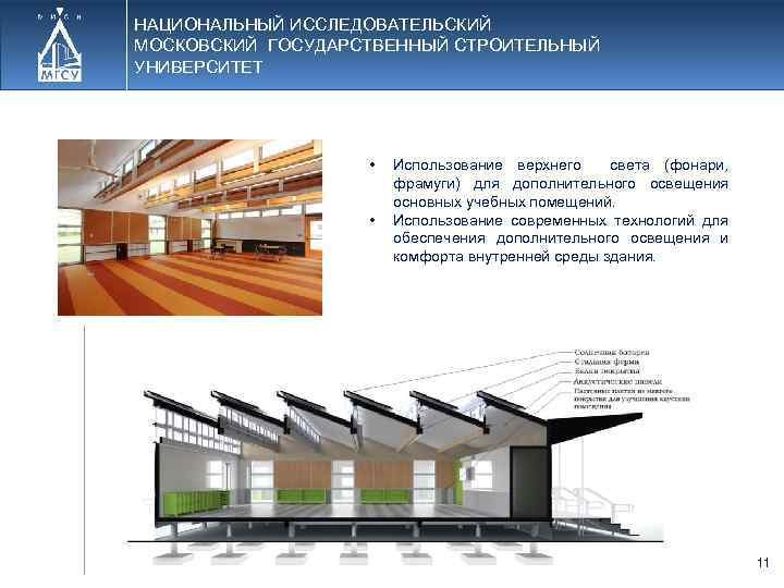 НАЦИОНАЛЬНЫЙ ИССЛЕДОВАТЕЛЬСКИЙ МОСКОВСКИЙ ГОСУДАРСТВЕННЫЙ СТРОИТЕЛЬНЫЙ УНИВЕРСИТЕТ • • Использование верхнего света (фонари, фрамуги) для