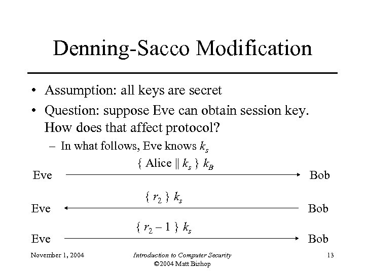 Denning-Sacco Modification • Assumption: all keys are secret • Question: suppose Eve can obtain