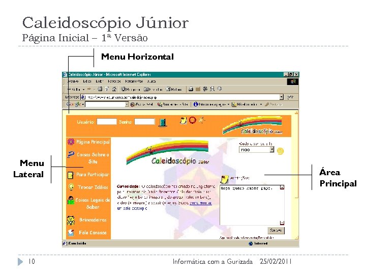 Caleidoscópio Júnior Página Inicial – 1ª Versão Menu Horizontal Menu Lateral 10 Área Principal