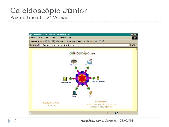 Caleidoscópio Júnior Página Inicial – 2ª Versão 12 Informática com a Gurizada 25/02/2011 