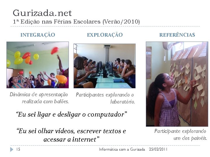 Gurizada. net 1ª Edição nas Férias Escolares (Verão/2010) INTEGRAÇÃO Dinâmica de apresentação realizada com