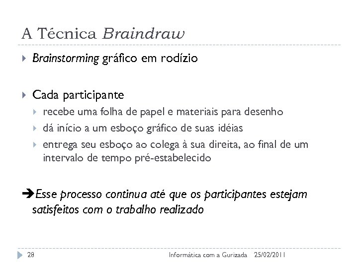 A Técnica Braindraw Brainstorming gráfico em rodízio Cada participante recebe uma folha de papel