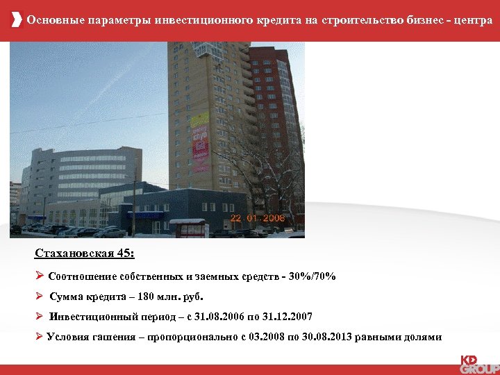 Основные параметры инвестиционного кредита на строительство бизнес - центра Стахановская 45: Ø Соотношение собственных