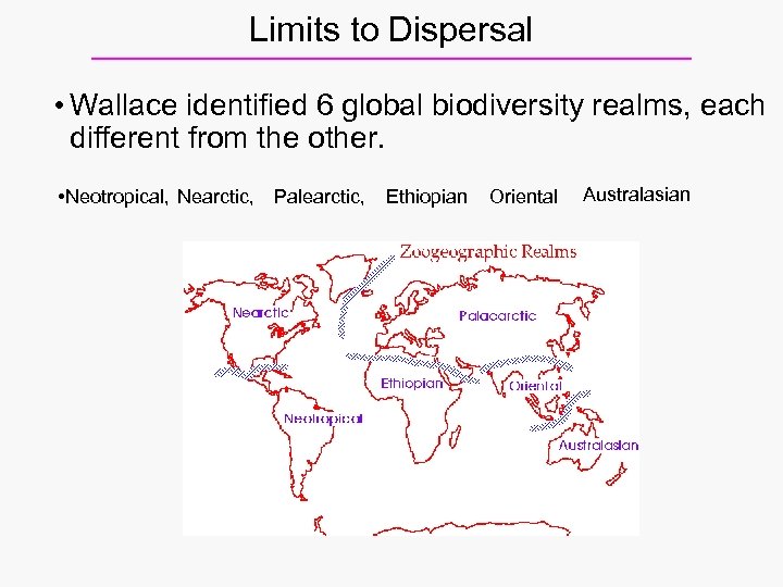 Limits to Dispersal • Wallace identified 6 global biodiversity realms, each different from the
