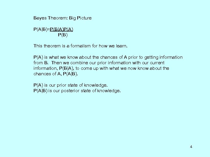 Bayes Theorem: Big Picture P(A|B)=P(B|A)P(A) P(B) This theorem is a formalism for how we