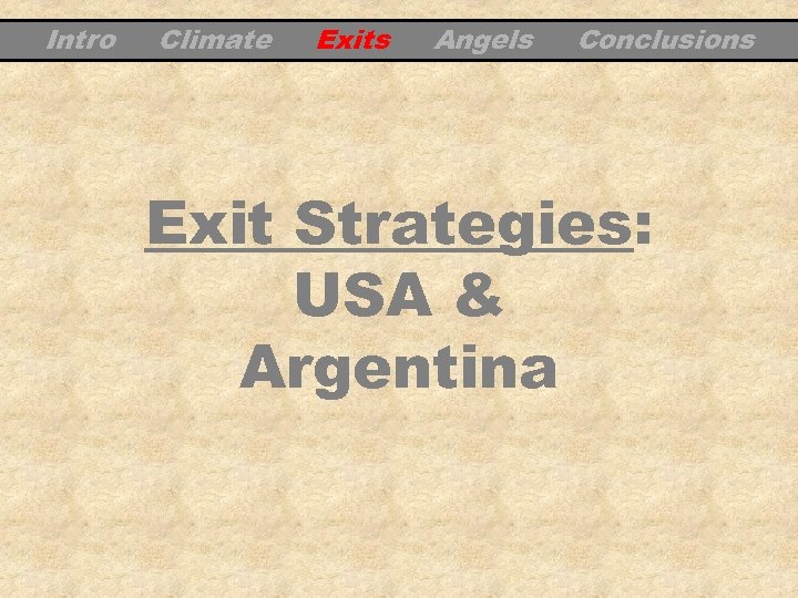 Intro Climate Exits Angels Conclusions Exit Strategies: USA & Argentina 