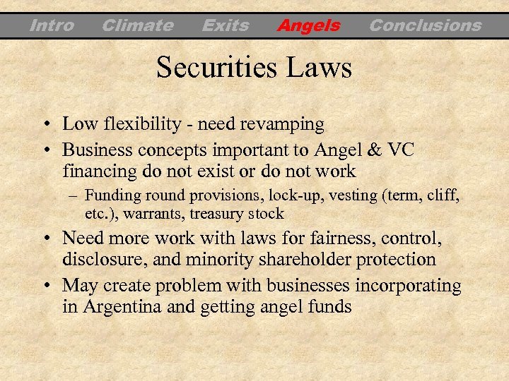 Intro Climate Exits Angels Conclusions Securities Laws • Low flexibility - need revamping •