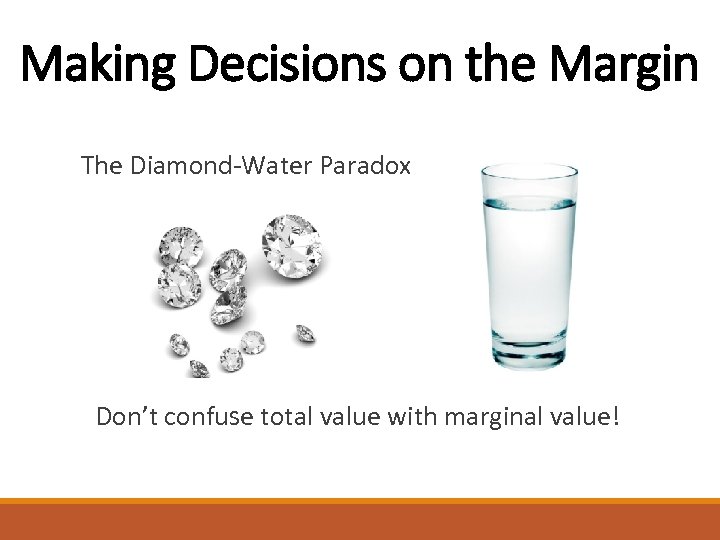Making Decisions on the Margin The Diamond-Water Paradox Don’t confuse total value with marginal