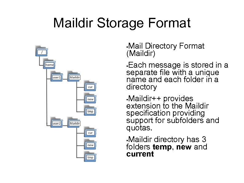 Maildir Storage Format Mail Directory Format (Maildir) §Each message is stored in a separate