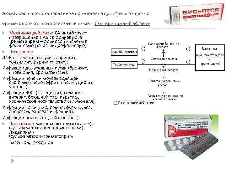 Актуально и комбинированное применение сульфаниламидов с триметопримом, которое обеспечивает бактерицидный эффект Механизм действия: СА