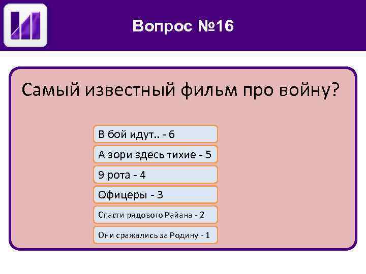 Вопрос № 16 Самый известный фильм про войну? В бой идут. . - 6
