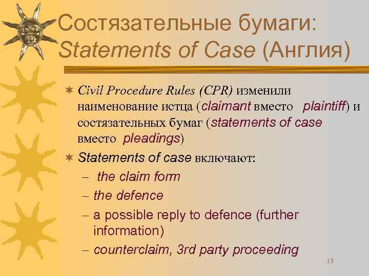 Состязательные бумаги: Statements of Case (Англия) ¬ Civil Procedure Rules (CPR) изменили наименование истца