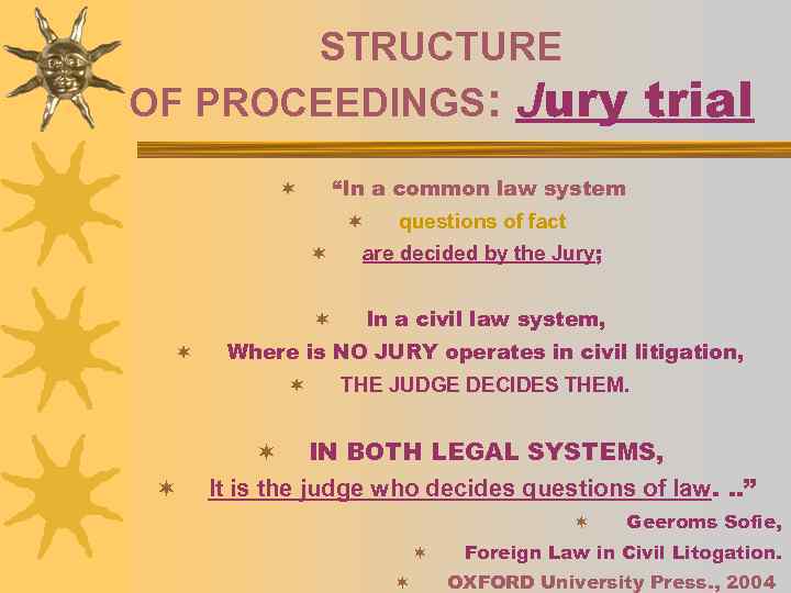 STRUCTURE OF PROCEEDINGS: Jury “In a common law system, ¬ ¬ questions of fact