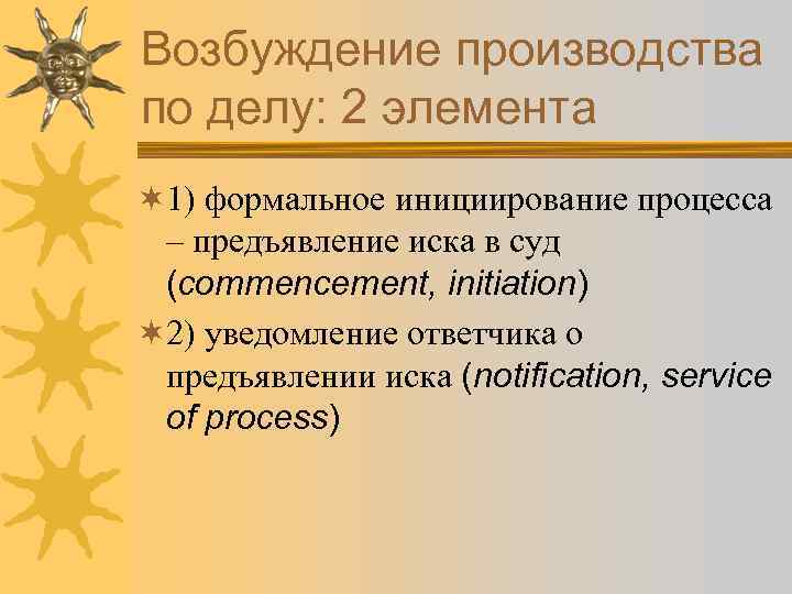 Возбуждение производства по делу: 2 элемента ¬ 1) формальное инициирование процесса – предъявление иска