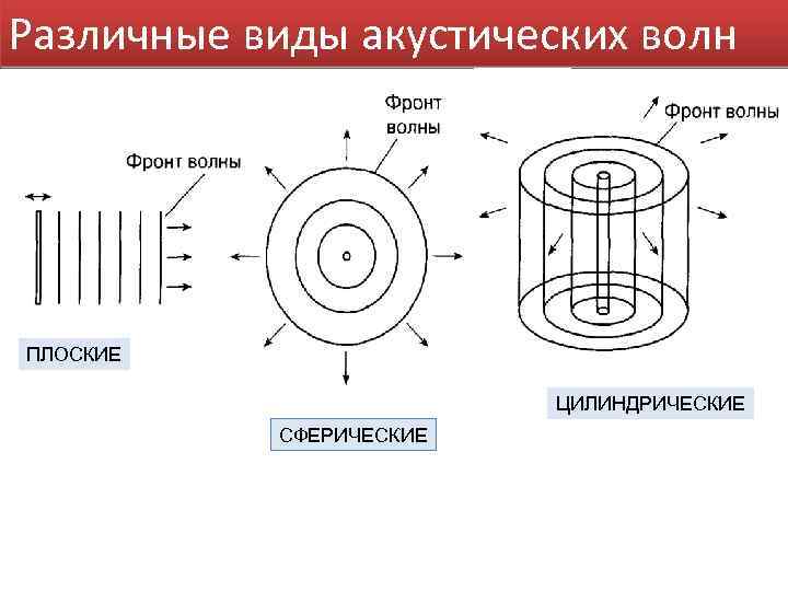 Различные виды акустических волн ПЛОСКИЕ ЦИЛИНДРИЧЕСКИЕ СФЕРИЧЕСКИЕ 