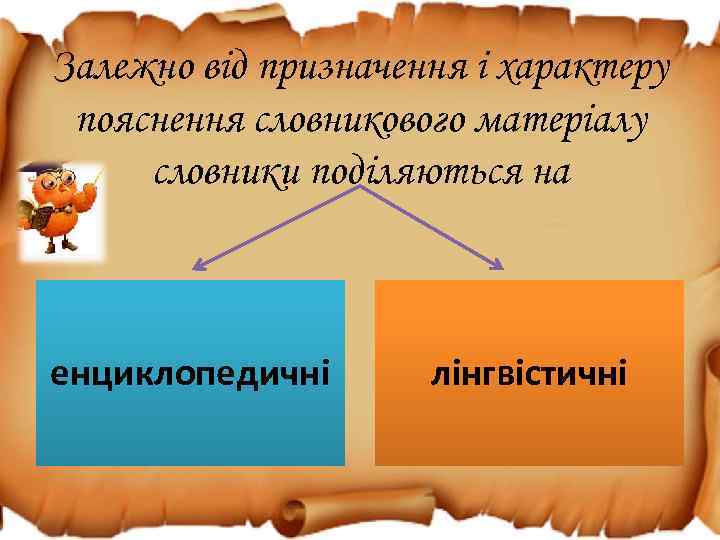 Залежно від призначення і характеру пояснення словникового матеріалу словники поділяються на енциклопедичні лінгвістичні 