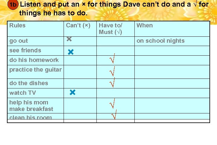 1 b Listen and put an × for things Dave can’t do and a