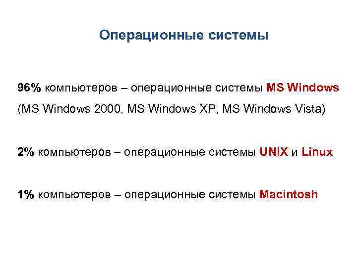 Операционные системы 96% компьютеров – операционные системы MS Windows (MS Windows 2000, MS Windows