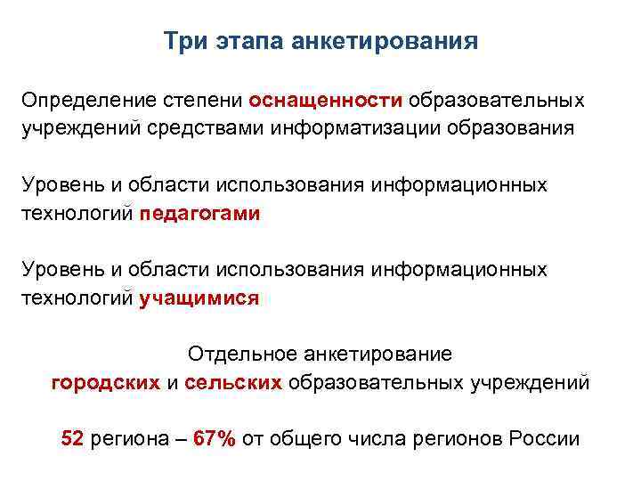 Три этапа анкетирования Определение степени оснащенности образовательных учреждений средствами информатизации образования Уровень и области