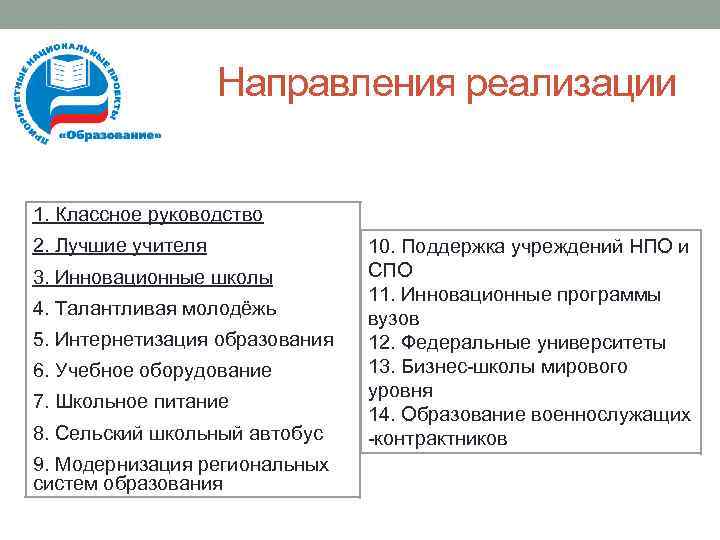 Направления реализации 1. Классное руководство 2. Лучшие учителя 3. Инновационные школы 4. Талантливая молодёжь