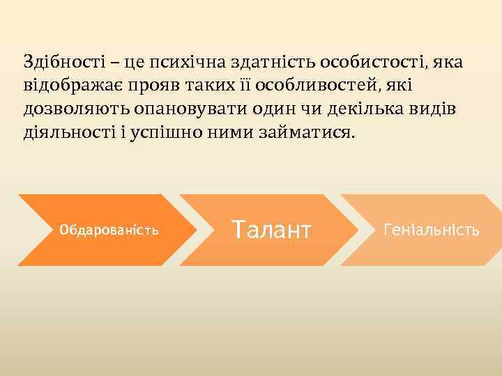 Здібності – це психічна здатність особистості, яка відображає прояв таких її особливостей, які дозволяють