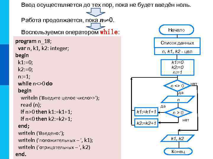 Ввод осуществляется до тех пор, пока не будет введён ноль. Работа продолжается, пока n