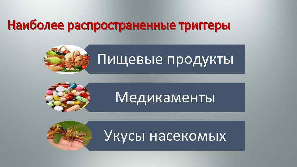 Наиболее распространенные триггеры Пищевые продукты Медикаменты Укусы насекомых 