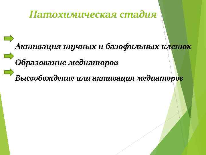 Патохимическая стадия Активация тучных и базофильных клеток Образование медиаторов Высвобождение или активация медиаторов 