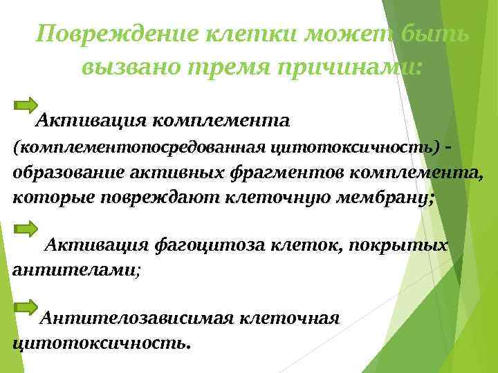 Повреждение клетки может быть вызвано тремя причинами: Активация комплемента (комплементопосредованная цитотоксичность) образование активных фрагментов