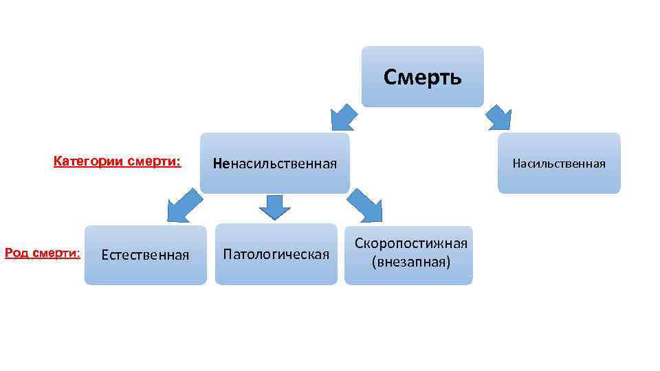 Смерть Категории смерти: Род смерти: Естественная Ненасильственная Патологическая Насильственная Скоропостижная (внезапная) 
