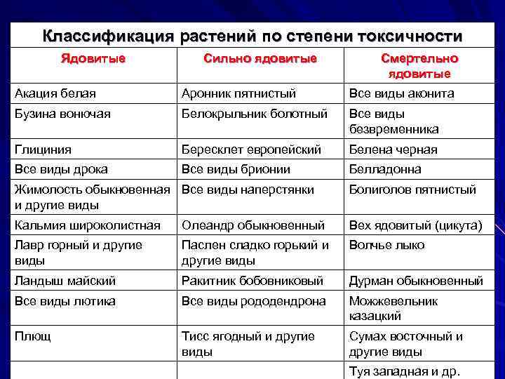 Классификация растений по степени токсичности Ядовитые Сильно ядовитые Смертельно ядовитые Акация белая Аронник пятнистый