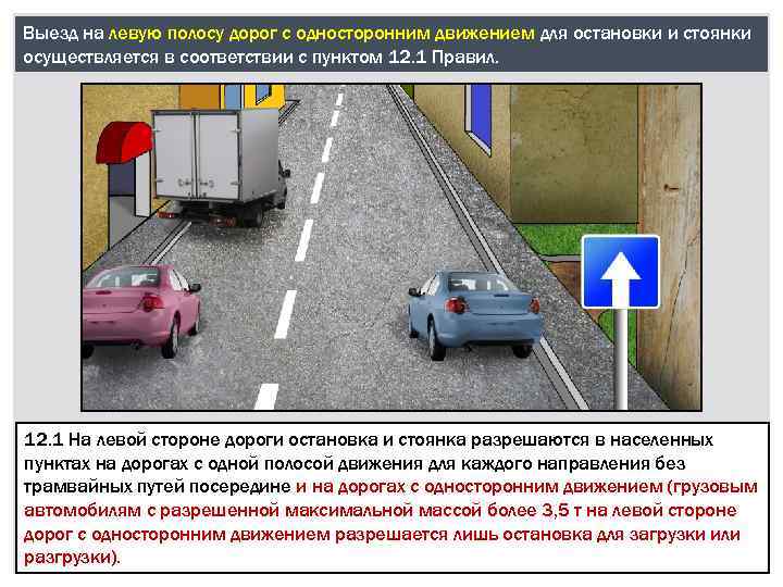 Выезд на левую полосу дорог с односторонним движением для остановки и стоянки осуществляется в