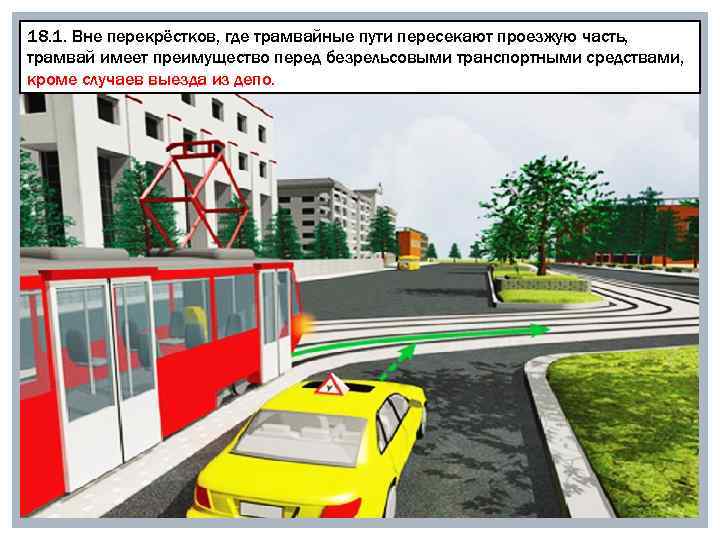 18. 1. Вне перекрёстков, где трамвайные пути пересекают проезжую часть, трамвай имеет преимущество перед