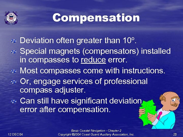 Compensation Deviation often greater than 10º. Special magnets (compensators) installed in compasses to reduce
