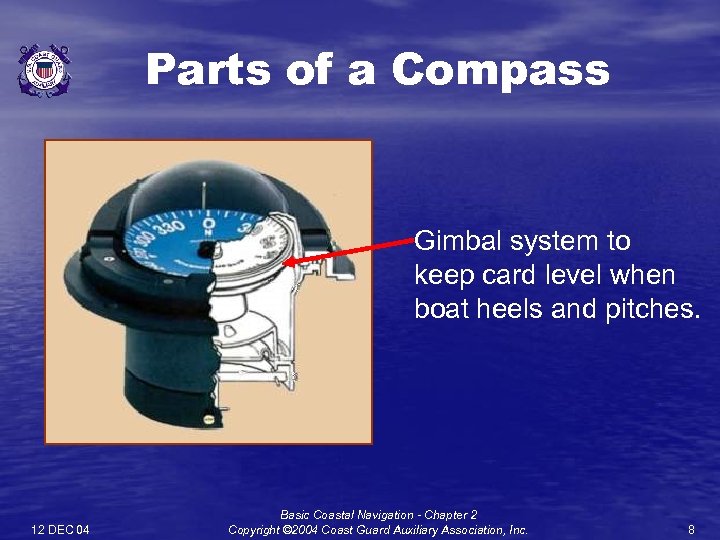 Parts of a Compass Gimbal system to keep card level when boat heels and