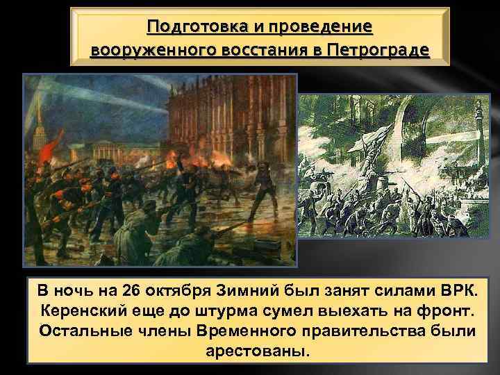 Подготовка и проведение вооруженного восстания в Петрограде В ночь на 26 октября Зимний был