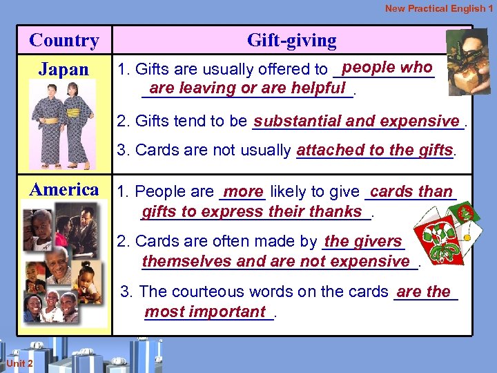 New Practical English 1 Country Gift-giving people who Japan 1. Gifts are usually offered