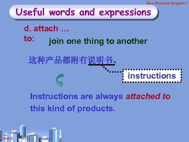 New Practical English 1 Useful words and expressions d. attach … to: join one