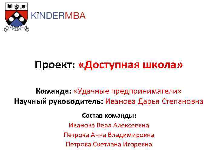 Проект: «Доступная школа» Команда: «Удачные предприниматели» Научный руководитель: Иванова Дарья Степановна Состав команды: Иванова