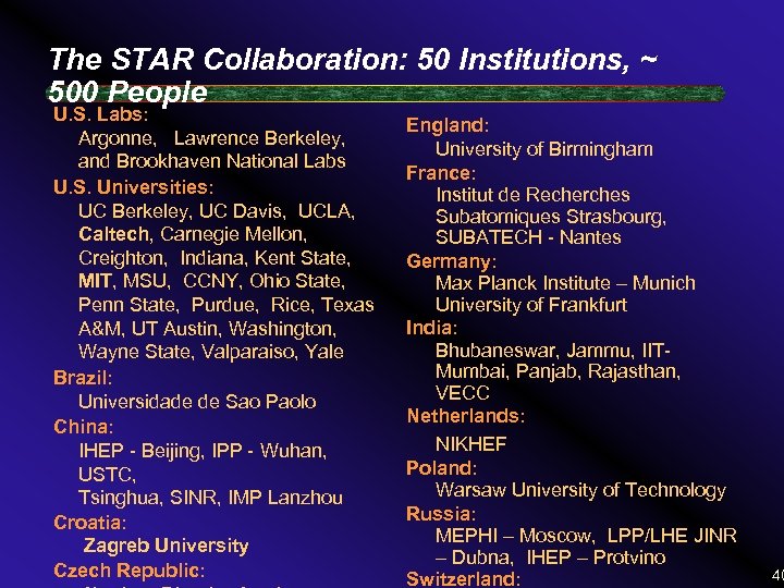 The STAR Collaboration: 50 Institutions, ~ 500 People U. S. Labs: Argonne, Lawrence Berkeley,