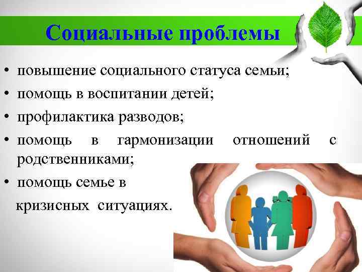 Социальные проблемы • • повышение социального статуса семьи; помощь в воспитании детей; профилактика разводов;