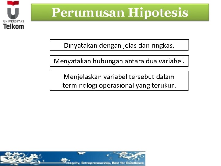 Perumusan Hipotesis Dinyatakan dengan jelas dan ringkas. Menyatakan hubungan antara dua variabel. Menjelaskan variabel