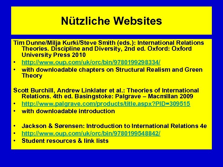 Nützliche Websites Tim Dunne/Milja Kurki/Steve Smith (eds. ): International Relations Theories. Discipline and Diversity,