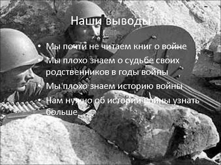 Наши выводы • Мы почти не читаем книг о войне • Мы плохо знаем