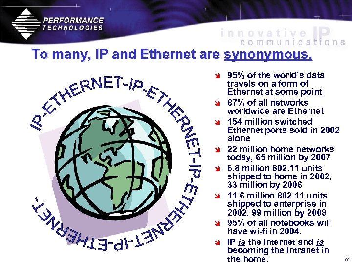 To many, IP and Ethernet are synonymous. î î î î 95% of the