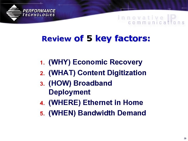 Review of 5 key factors: 1. 2. 3. 4. 5. (WHY) Economic Recovery (WHAT)